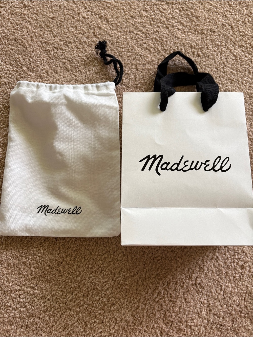 Madewell White Drawstring Fabric Pouch and White Paper Gift Bag with Black Logo